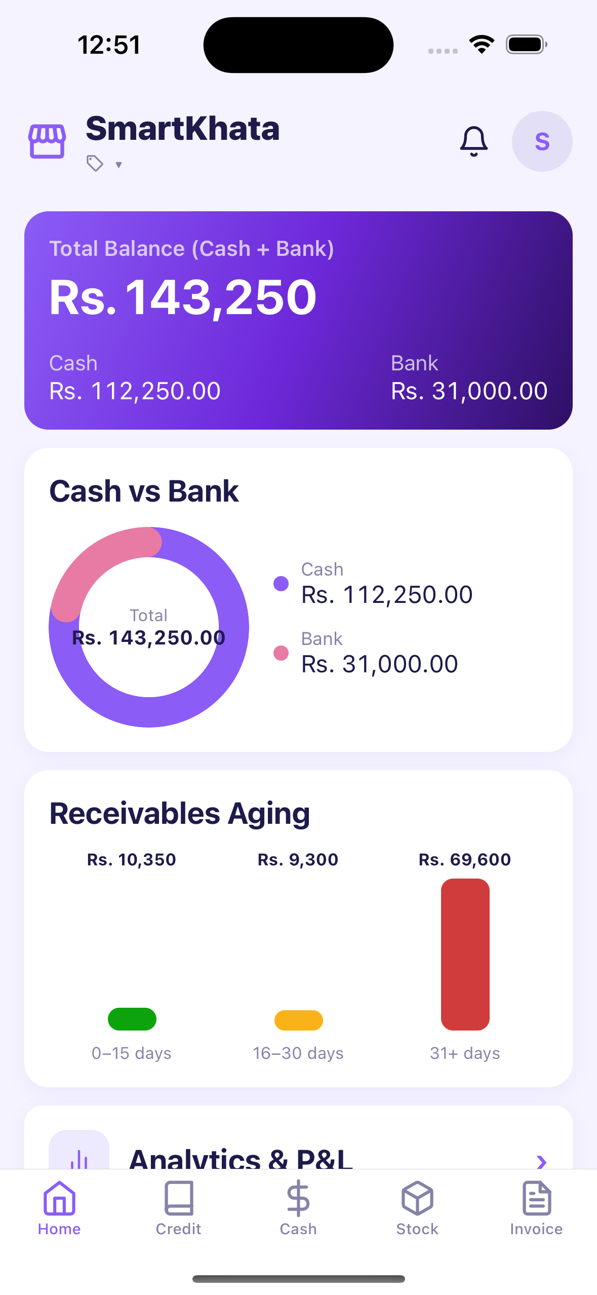 SmartKhata mobile home screen
