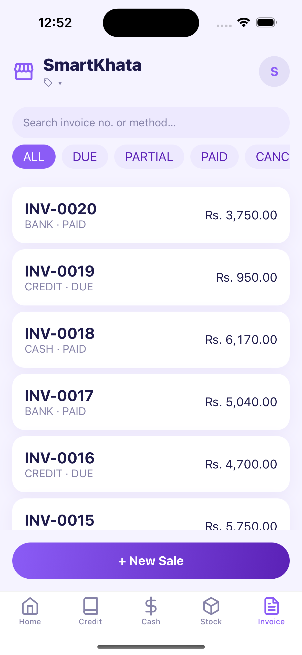 Invoice list on mobile